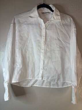 Zara White Linen Cropped Button-Down Shirt Size Small